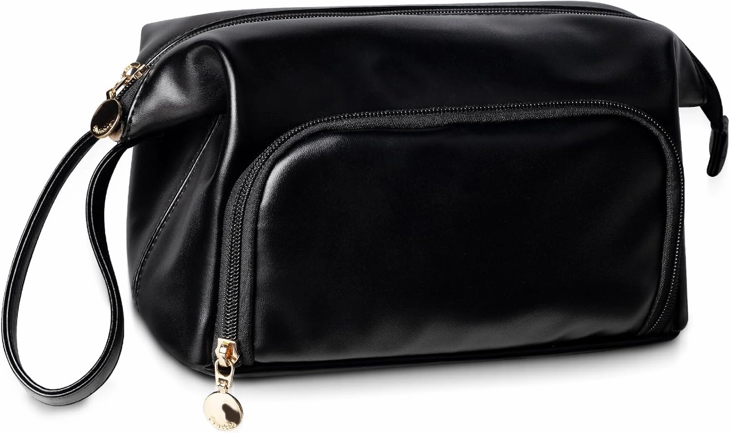 Abiudeng Makeup Bag for women,Toiletry Travel Makeup Bags Pouch with Brush Compartments, Large Portable Cosmetic Bag with Handle,Wide Open Cute Bag,PU Water-Resistant Makeup Bag-Black