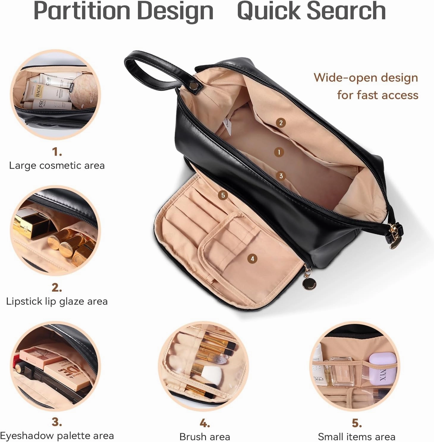 Abiudeng Makeup Bag for women,Toiletry Travel Makeup Bags Pouch with Brush Compartments, Large Portable Cosmetic Bag with Handle,Wide Open Cute Bag,PU Water-Resistant Makeup Bag-Black