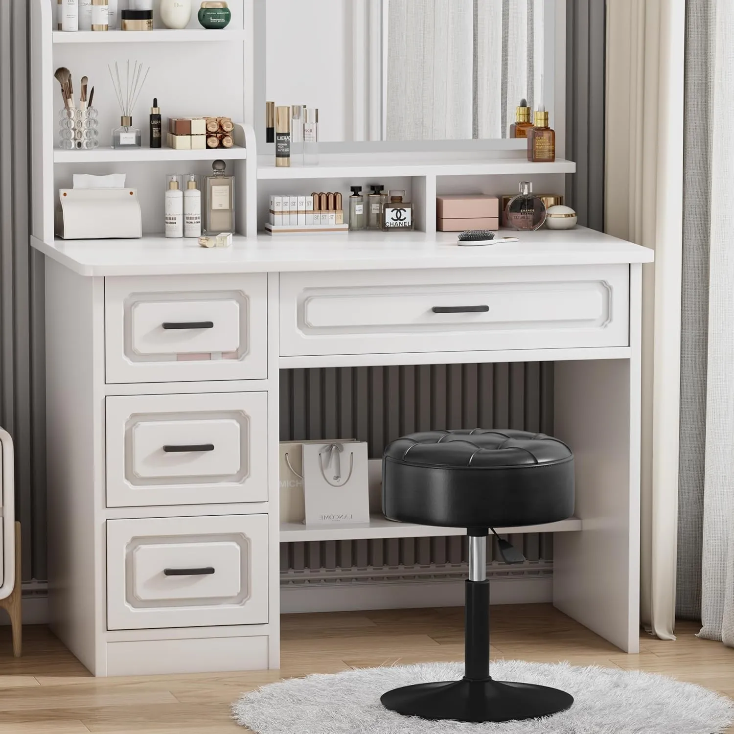 ACEQLYT® Adjustable Black Vanity Stool, Swivel Vanity Chair for Makeup Room, Small Stool Chair for Vanity Bathroom Living Room, Round Ottoman Makeup Chair, PU Leather