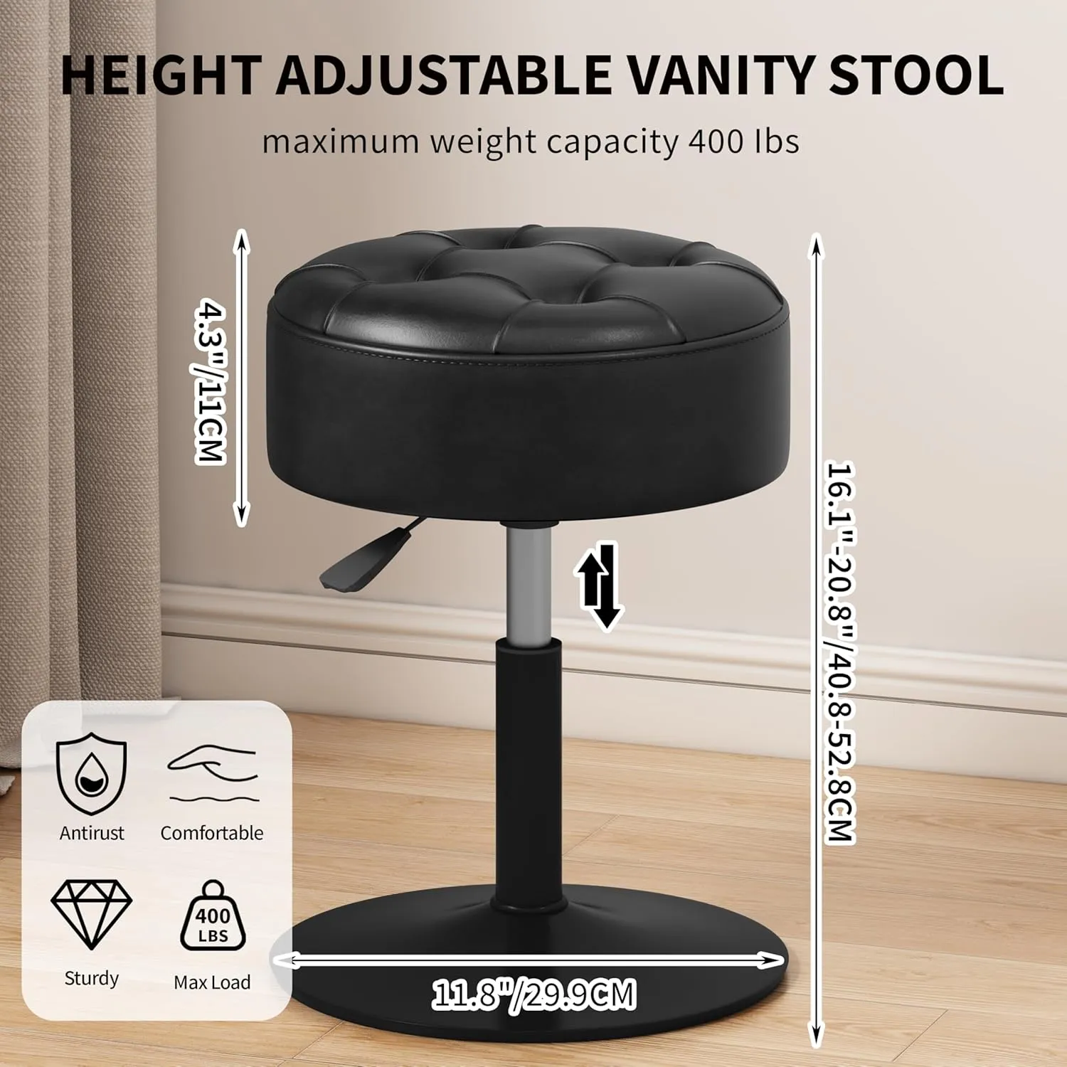 ACEQLYT® Adjustable Black Vanity Stool, Swivel Vanity Chair for Makeup Room, Small Stool Chair for Vanity Bathroom Living Room, Round Ottoman Makeup Chair, PU Leather