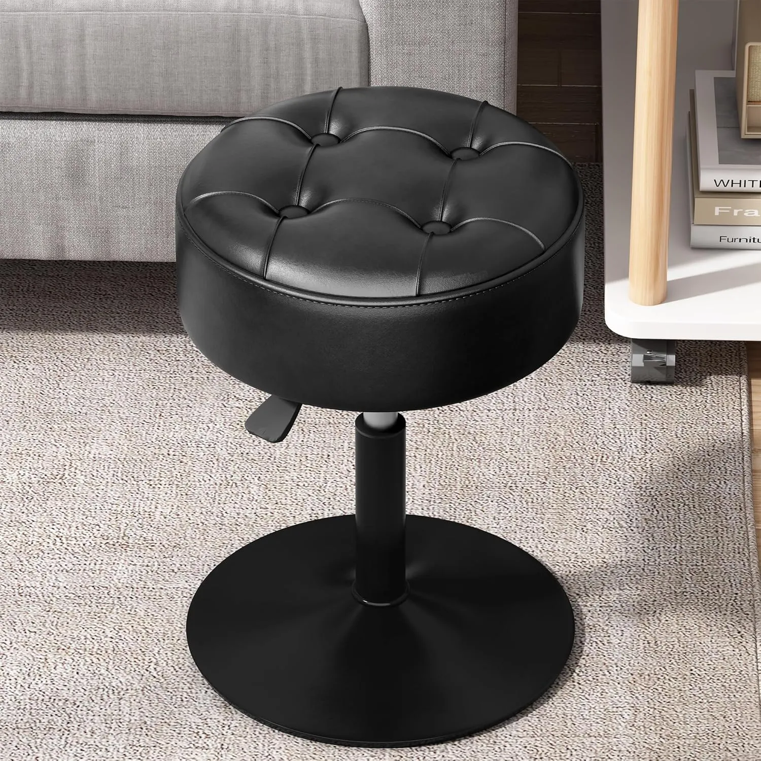 ACEQLYT® Adjustable Black Vanity Stool, Swivel Vanity Chair for Makeup Room, Small Stool Chair for Vanity Bathroom Living Room, Round Ottoman Makeup Chair, PU Leather