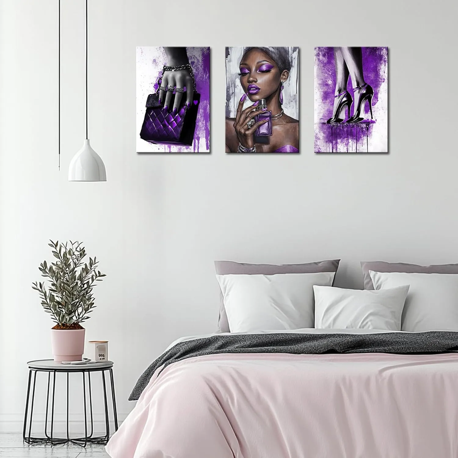 African American Woman Painting Canvas Prints Artwork Purple Fashion Picture for Girl Bedroom Elegant Black Girl with Jewelry Perfume High Heel Shoes Handbag Poster Framed Makeup Room Decor