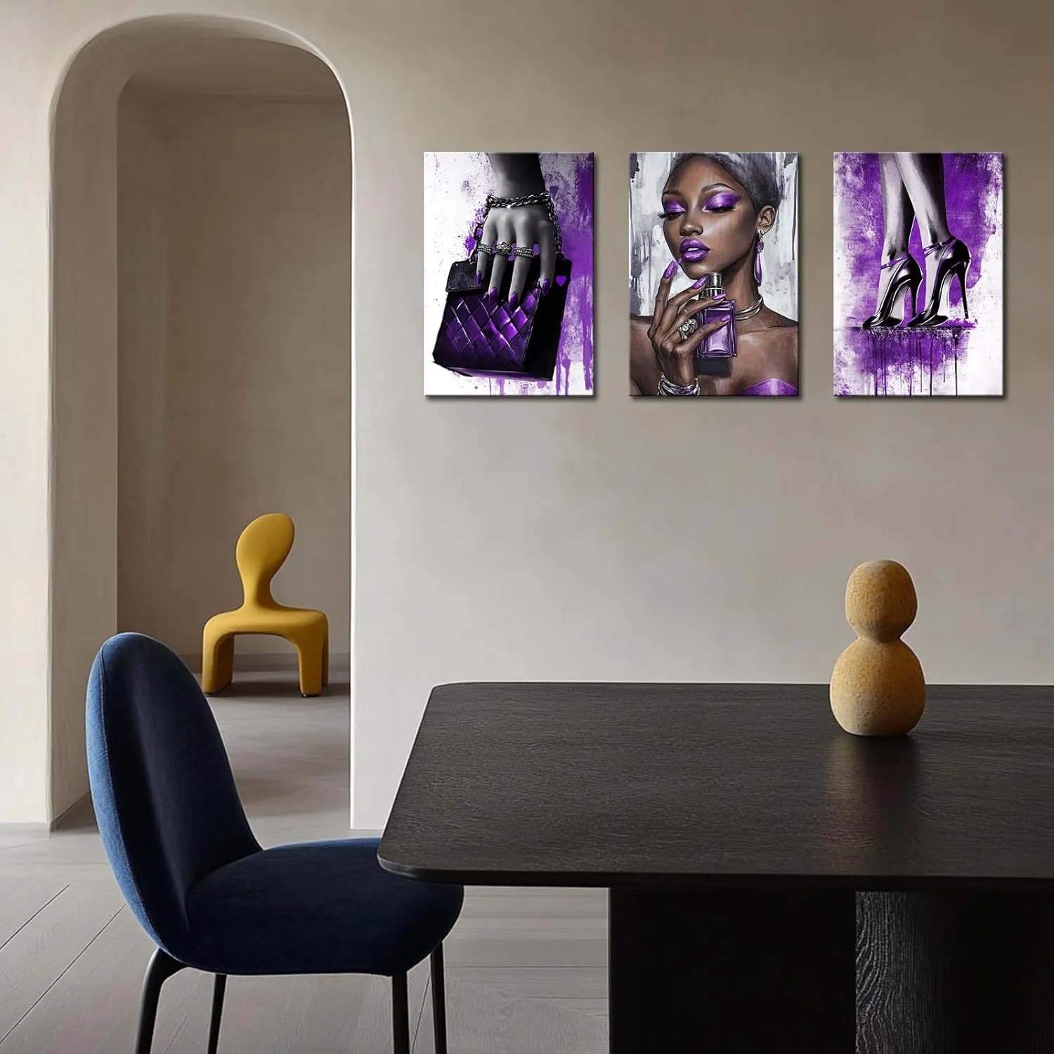 African American Woman Painting Canvas Prints Artwork Purple Fashion Picture for Girl Bedroom Elegant Black Girl with Jewelry Perfume High Heel Shoes Handbag Poster Framed Makeup Room Decor