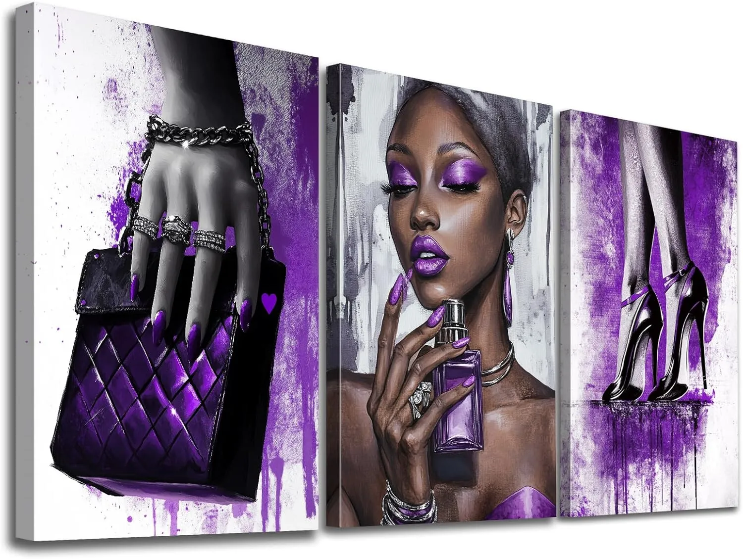African American Woman Painting Canvas Prints Artwork Purple Fashion Picture for Girl Bedroom Elegant Black Girl with Jewelry Perfume High Heel Shoes Handbag Poster Framed Makeup Room Decor