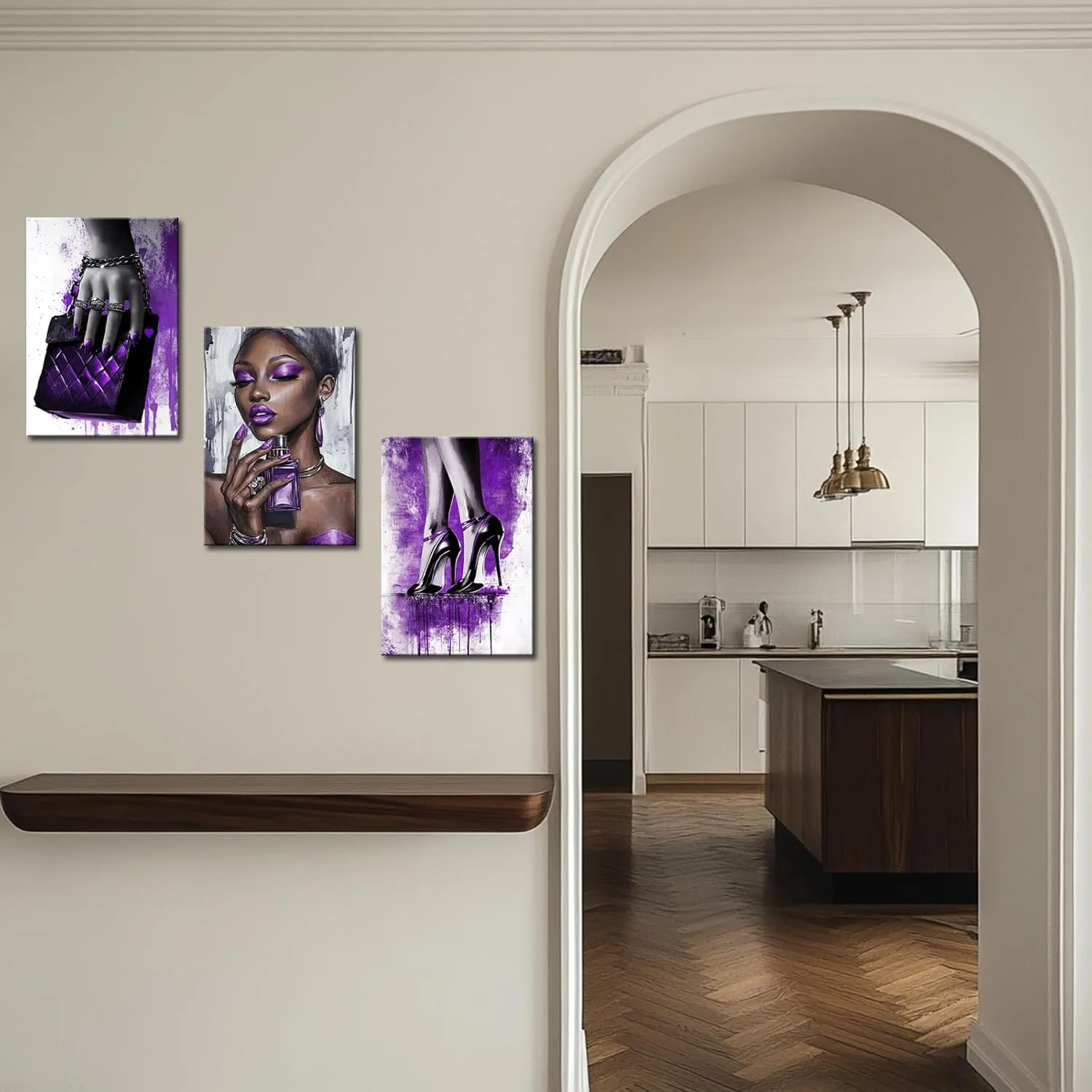 African American Woman Painting Canvas Prints Artwork Purple Fashion Picture for Girl Bedroom Elegant Black Girl with Jewelry Perfume High Heel Shoes Handbag Poster Framed Makeup Room Decor