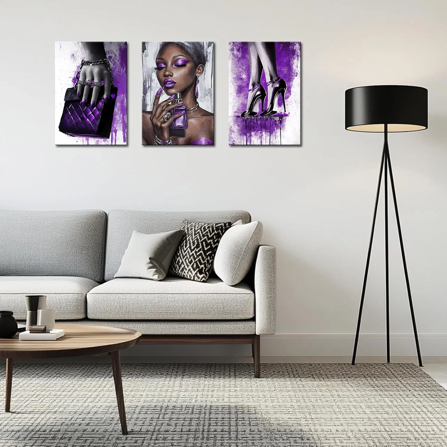African American Woman Painting Canvas Prints Artwork Purple Fashion Picture for Girl Bedroom Elegant Black Girl with Jewelry Perfume High Heel Shoes Handbag Poster Framed Makeup Room Decor