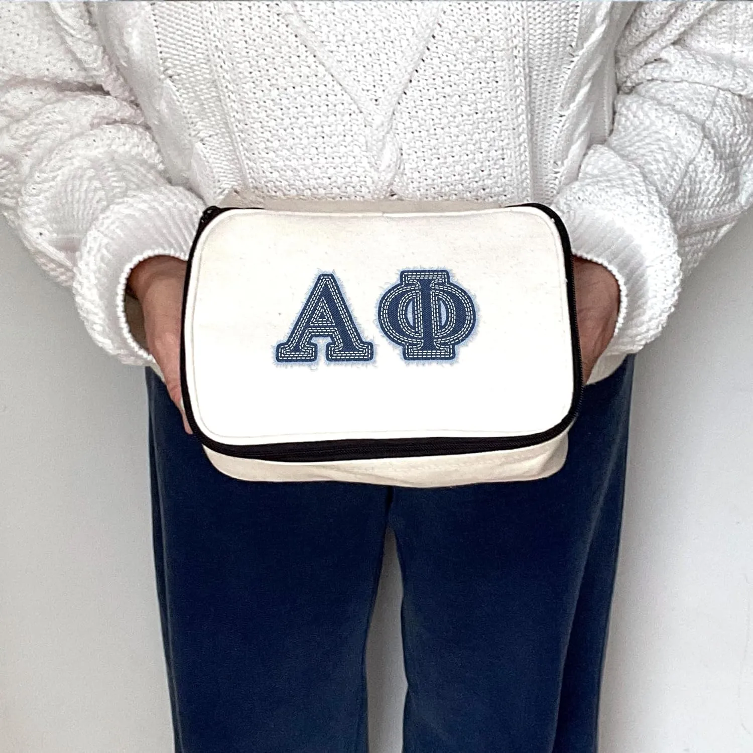 Alpha Phi Denim Letters Sorority Makeup Bag - Custom Cosmetic Pouch with Zipper - Bid Day, Big Little, Recruitment Gift for Sorority Sisters - Travel Toiletry Bag for Greek Life Accessories