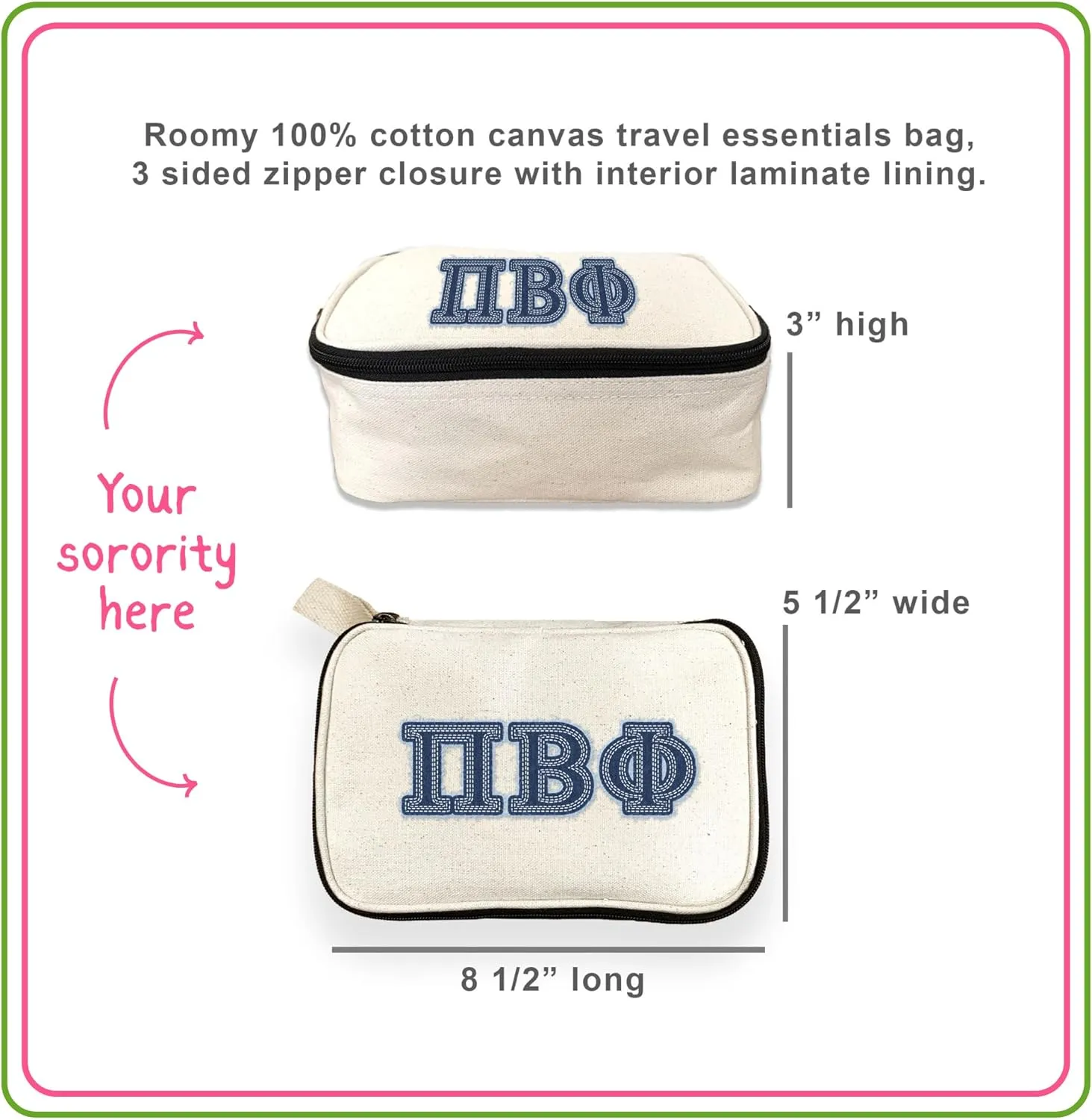Alpha Phi Denim Letters Sorority Makeup Bag - Custom Cosmetic Pouch with Zipper - Bid Day, Big Little, Recruitment Gift for Sorority Sisters - Travel Toiletry Bag for Greek Life Accessories