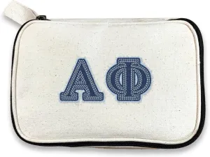 Alpha Phi Denim Letters Sorority Makeup Bag - Custom Cosmetic Pouch with Zipper - Bid Day, Big Little, Recruitment Gift for Sorority Sisters - Travel Toiletry Bag for Greek Life Accessories
