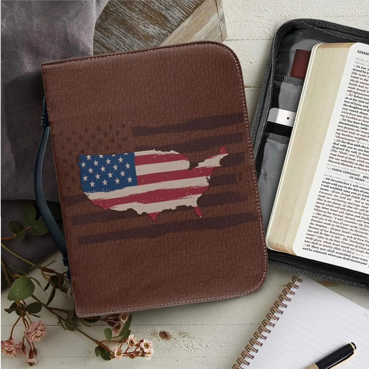 American Flag Leather Bible Cover for Men and Women Perfect Christian Gift Bible Carrying Case for Women and Girls Large Size Bible Protective Bag with Handle and Zipper