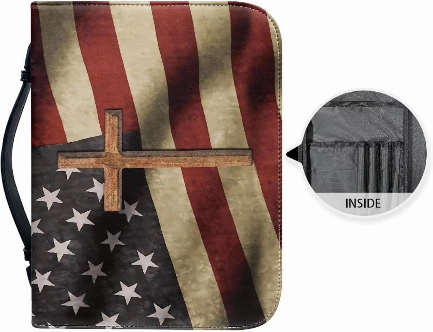 American Flag Bible Cover Case with Pen Storage, PU Leather Book Cover for Kids and Adults, Cross Large Capacity Bag Bible Tote Bag