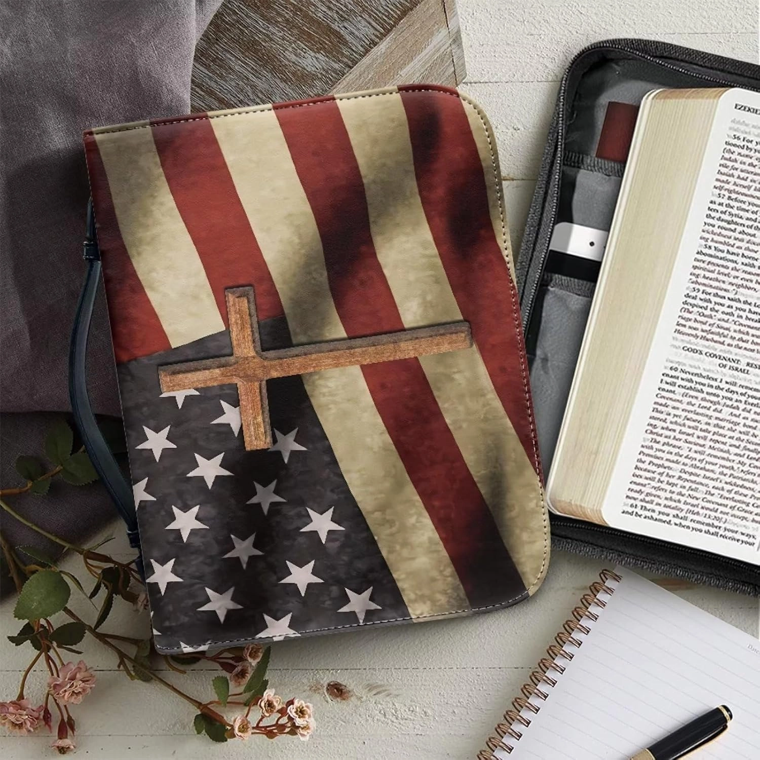 American Flag Bible Cover Case with Pen Storage, PU Leather Book Cover for Kids and Adults, Cross Large Capacity Bag Bible Tote Bag