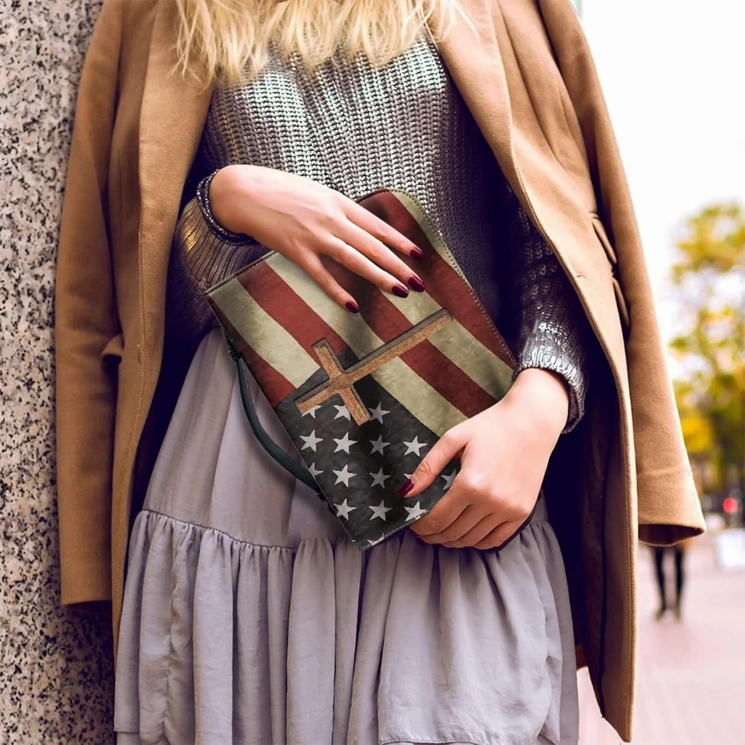 American Flag Bible Cover Case with Pen Storage, PU Leather Book Cover for Kids and Adults, Cross Large Capacity Bag Bible Tote Bag