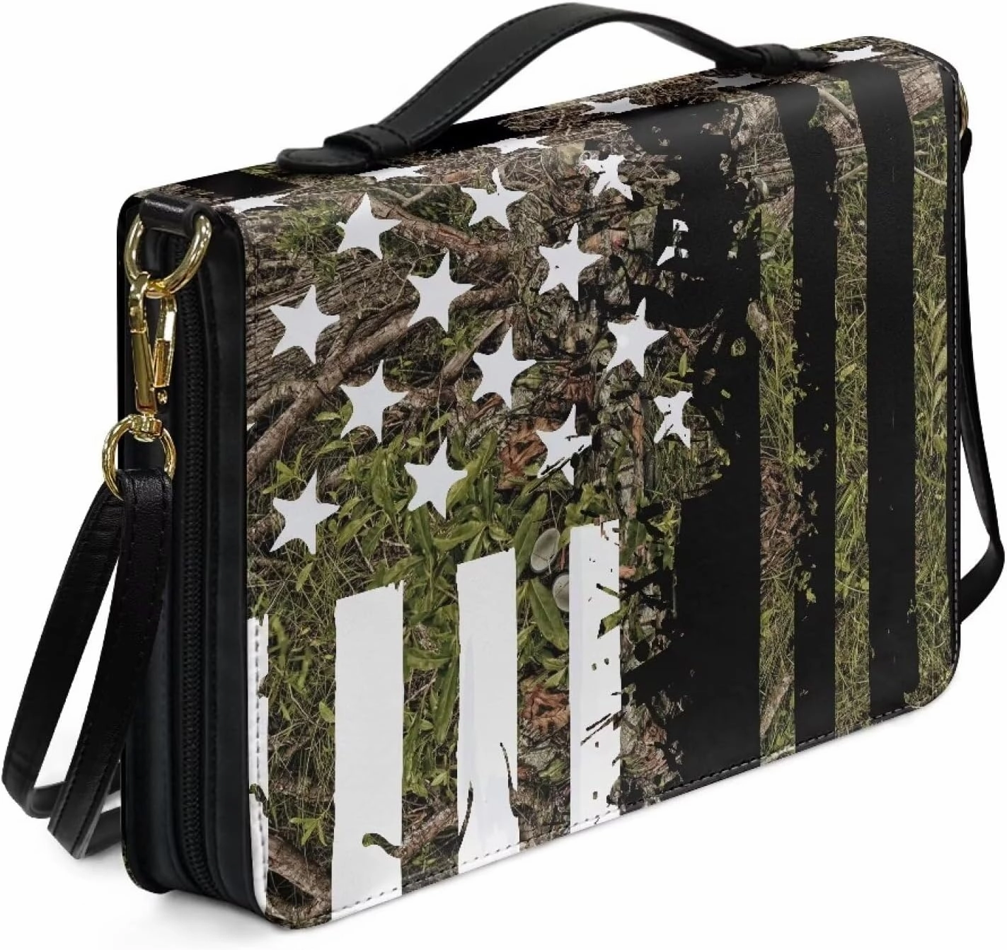 American Flag Hunting Bible Case with Shoulder Strap for Women Girls, Leather Bible Cover with Zipper Handle Protective Bible Bag Bible Carrying Case for Bible Study, L