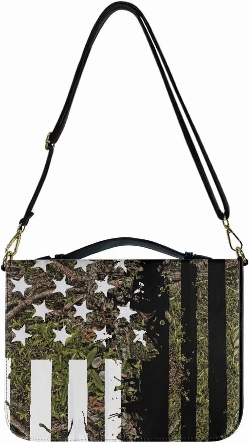 American Flag Hunting Bible Case with Shoulder Strap for Women Girls, Leather Bible Cover with Zipper Handle Protective Bible Bag Bible Carrying Case for Bible Study, L