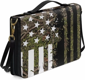 American Flag Hunting Bible Case with Shoulder Strap for Women Girls, Leather Bible Cover with Zipper Handle Protective Bible Bag Bible Carrying Case for Bible Study, L