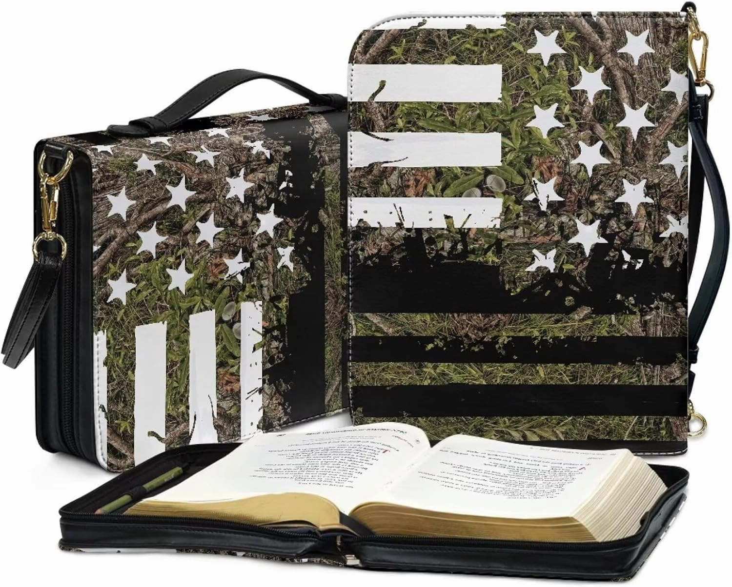 American Flag Hunting Bible Case with Shoulder Strap for Women Girls, Leather Bible Cover with Zipper Handle Protective Bible Bag Bible Carrying Case for Bible Study, L