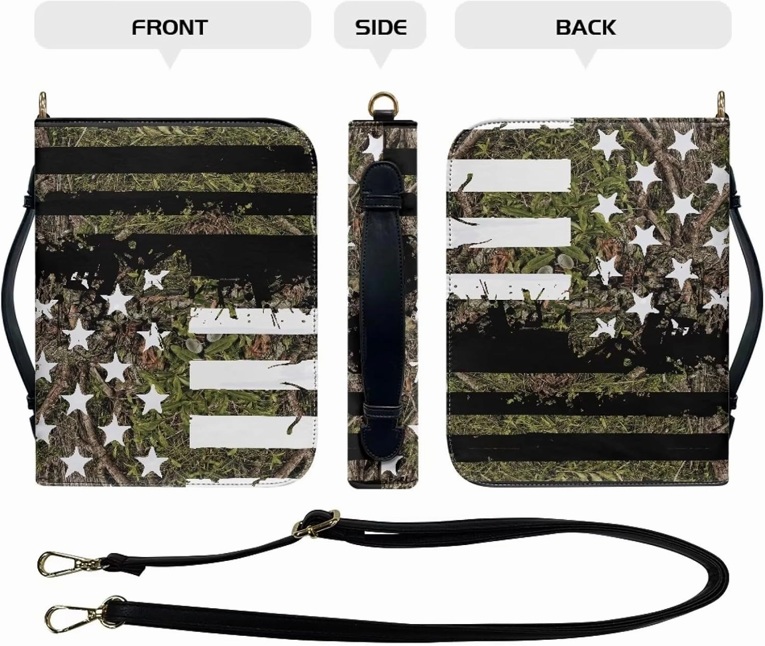 American Flag Hunting Bible Case with Shoulder Strap for Women Girls, Leather Bible Cover with Zipper Handle Protective Bible Bag Bible Carrying Case for Bible Study, L