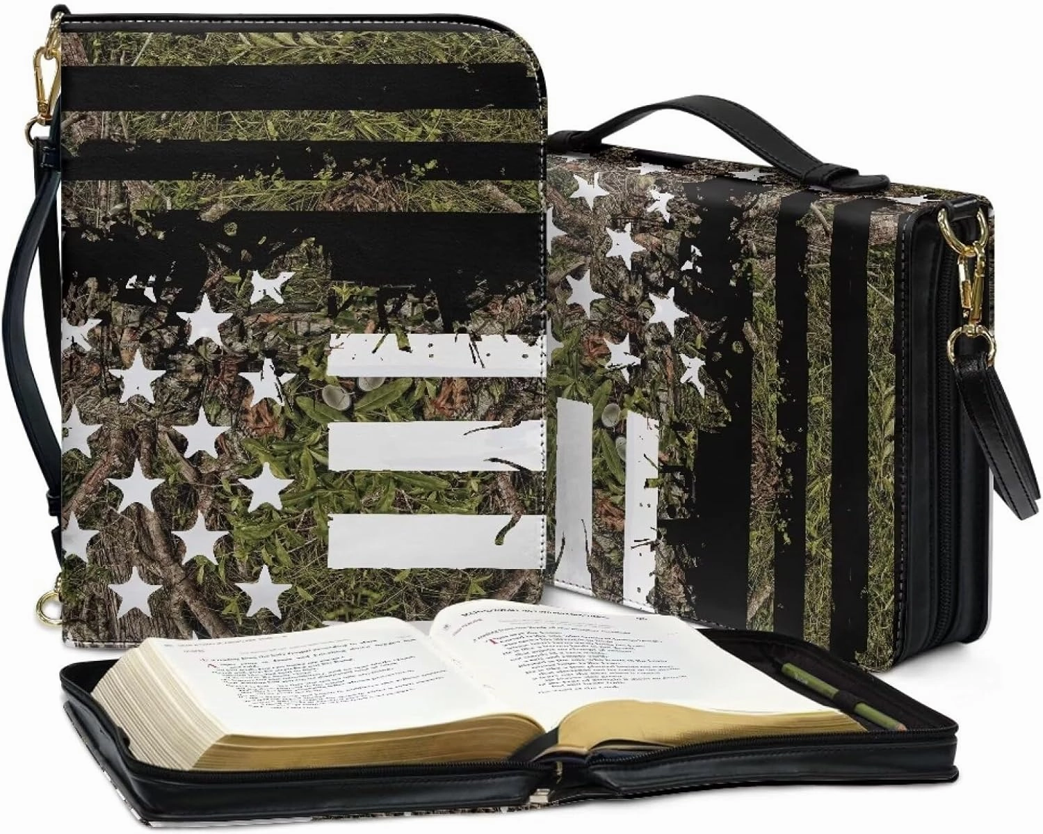 American Flag Hunting Bible Case with Shoulder Strap for Women Girls, Leather Bible Cover with Zipper Handle Protective Bible Bag Bible Carrying Case for Bible Study, L