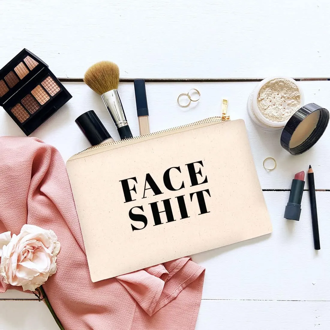 Andaz Press Funny Makeup Bag Canvas Cosmetic Bag with Zipper Face Shit Makeup Pouch For Purse Travel Pouch Toiletry Bag Funny Pencil Bag Cute Birthday Gifts for Women 6.5 x 9 Inch
