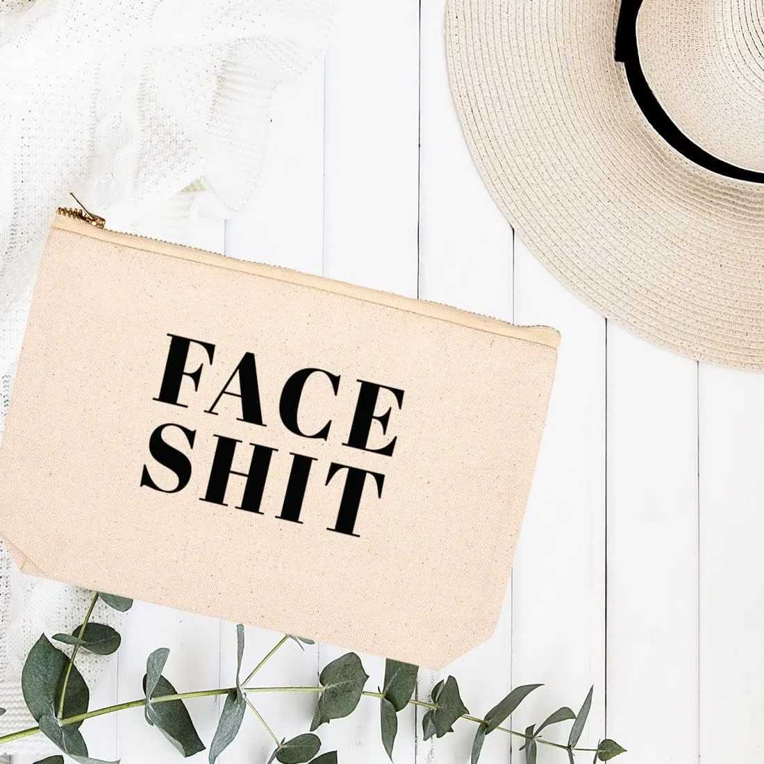 Andaz Press Funny Makeup Bag Canvas Cosmetic Bag with Zipper Face Shit Makeup Pouch For Purse Travel Pouch Toiletry Bag Funny Pencil Bag Cute Birthday Gifts for Women 6.5 x 9 Inch