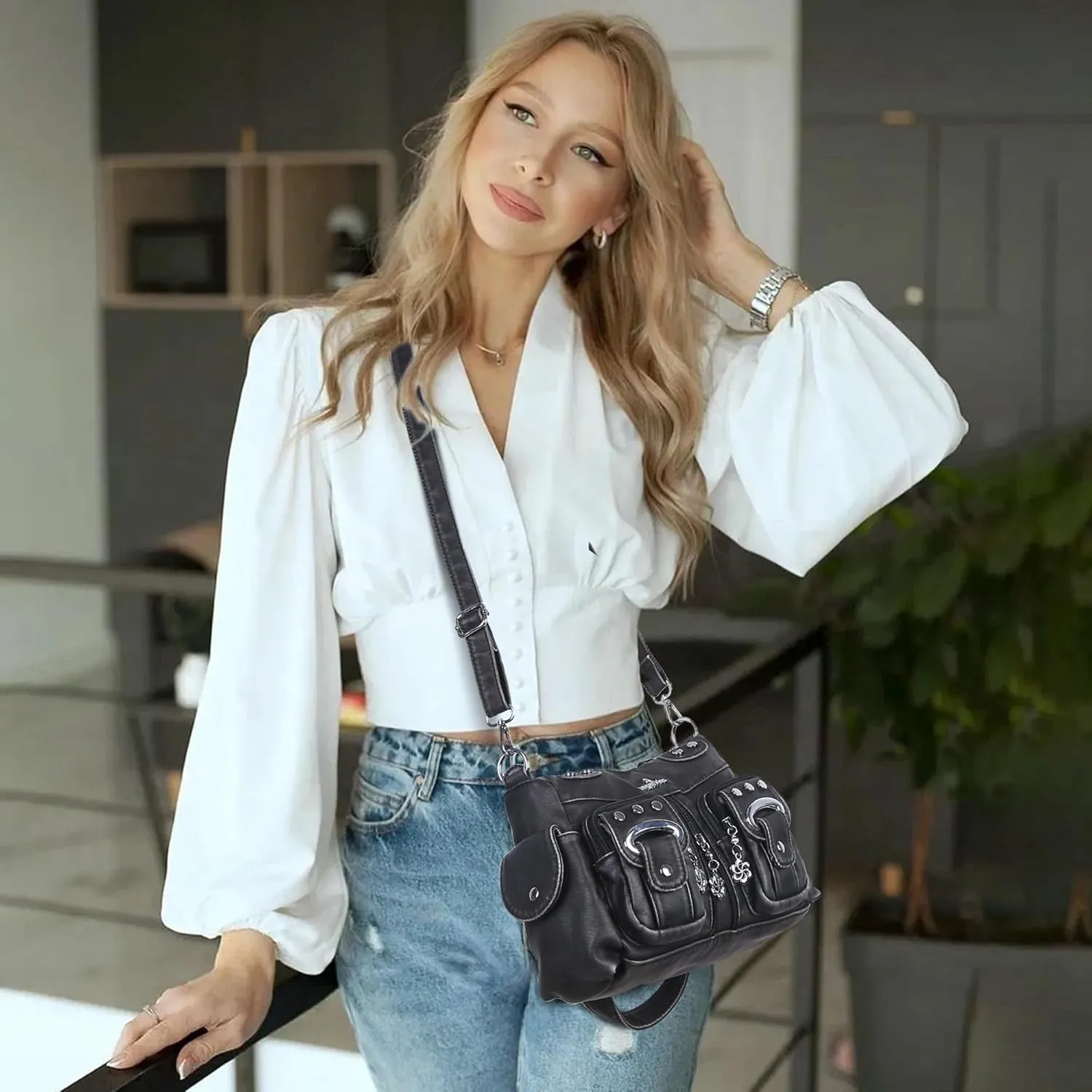 Angel Kiss Purses for Women Small Hobo Crossbody Bags Multi-Pocket Vegan Leather Hobo Handbags Tote Bag with Crossbody Strap