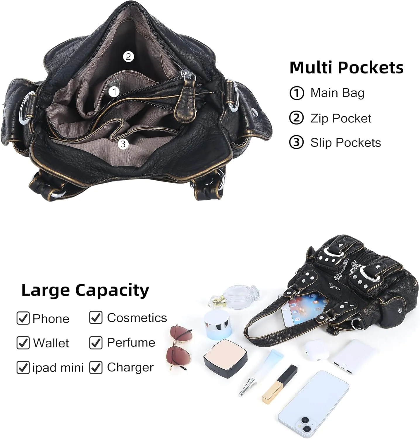 Angel Kiss Purses for Women Small Hobo Crossbody Bags Multi-Pocket Vegan Leather Hobo Handbags Tote Bag with Crossbody Strap