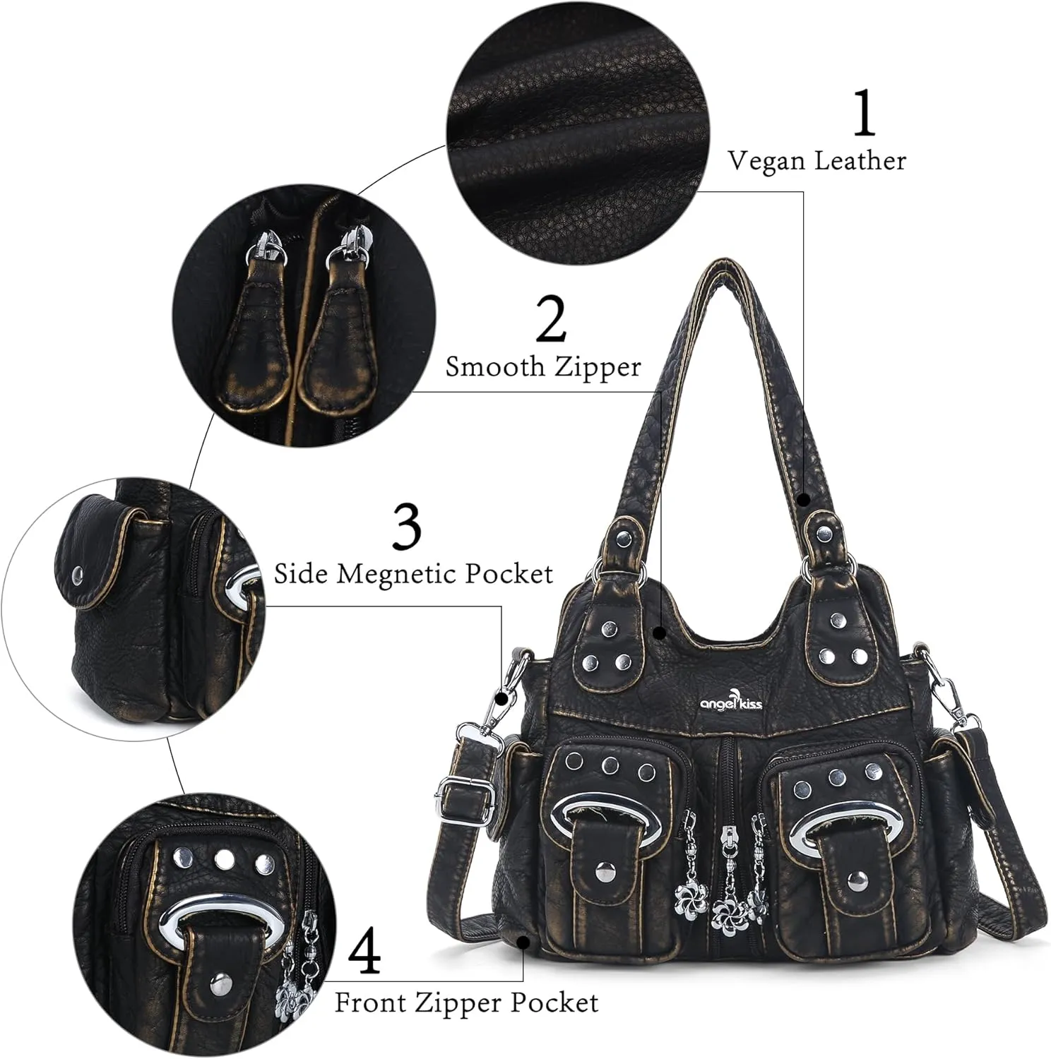 Angel Kiss Purses for Women Small Hobo Crossbody Bags Multi-Pocket Vegan Leather Hobo Handbags Tote Bag with Crossbody Strap