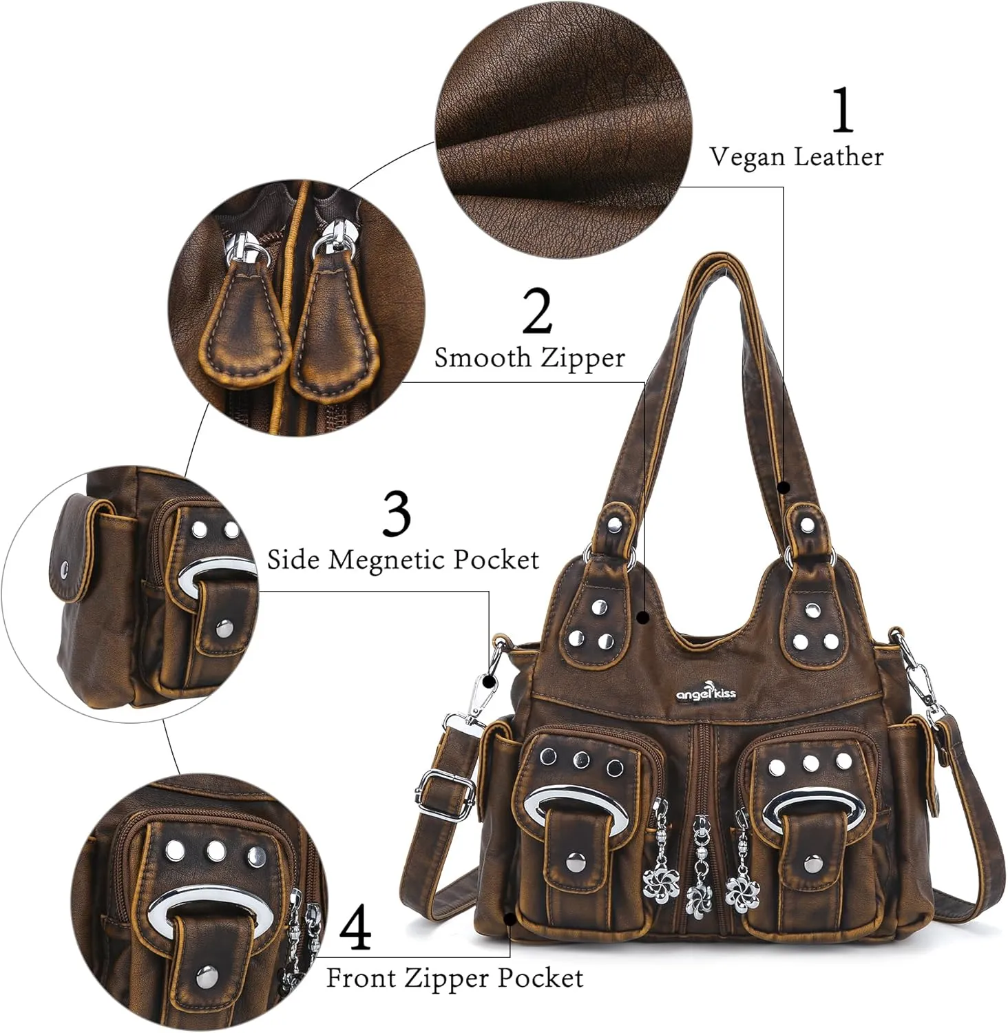 Angel Kiss Purses for Women Small Hobo Crossbody Bags Multi-Pocket Vegan Leather Hobo Handbags Tote Bag with Crossbody Strap