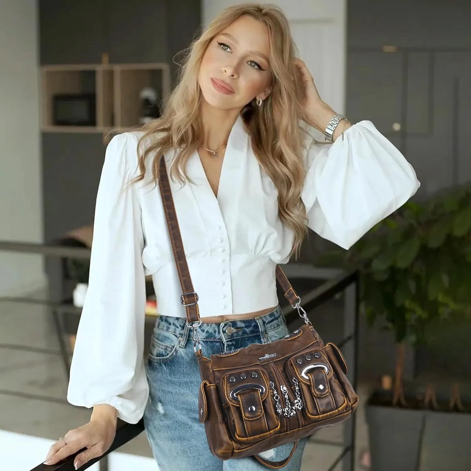 Angel Kiss Purses for Women Small Hobo Crossbody Bags Multi-Pocket Vegan Leather Hobo Handbags Tote Bag with Crossbody Strap