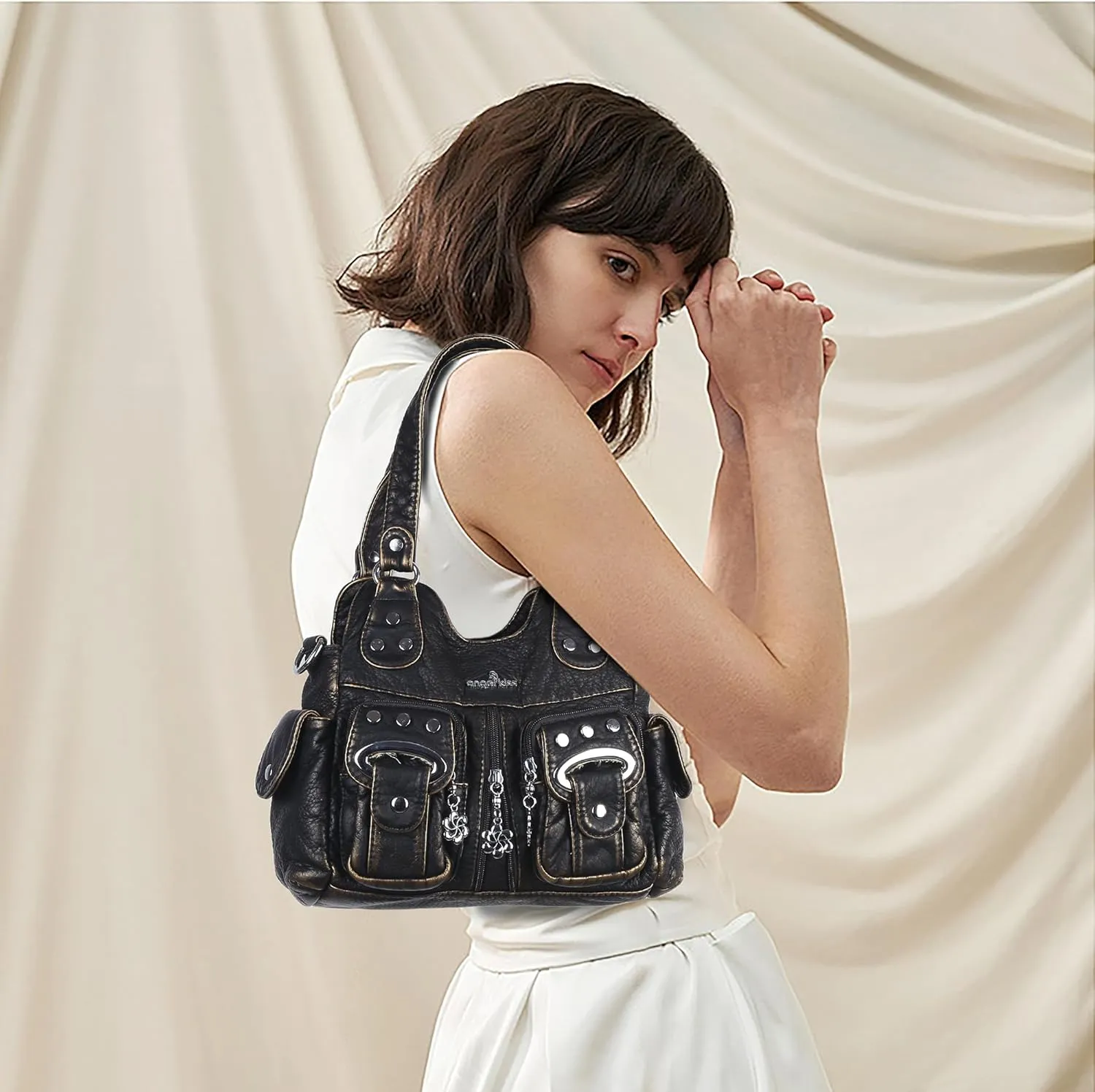 Angel Kiss Purses for Women Small Hobo Crossbody Bags Multi-Pocket Vegan Leather Hobo Handbags Tote Bag with Crossbody Strap