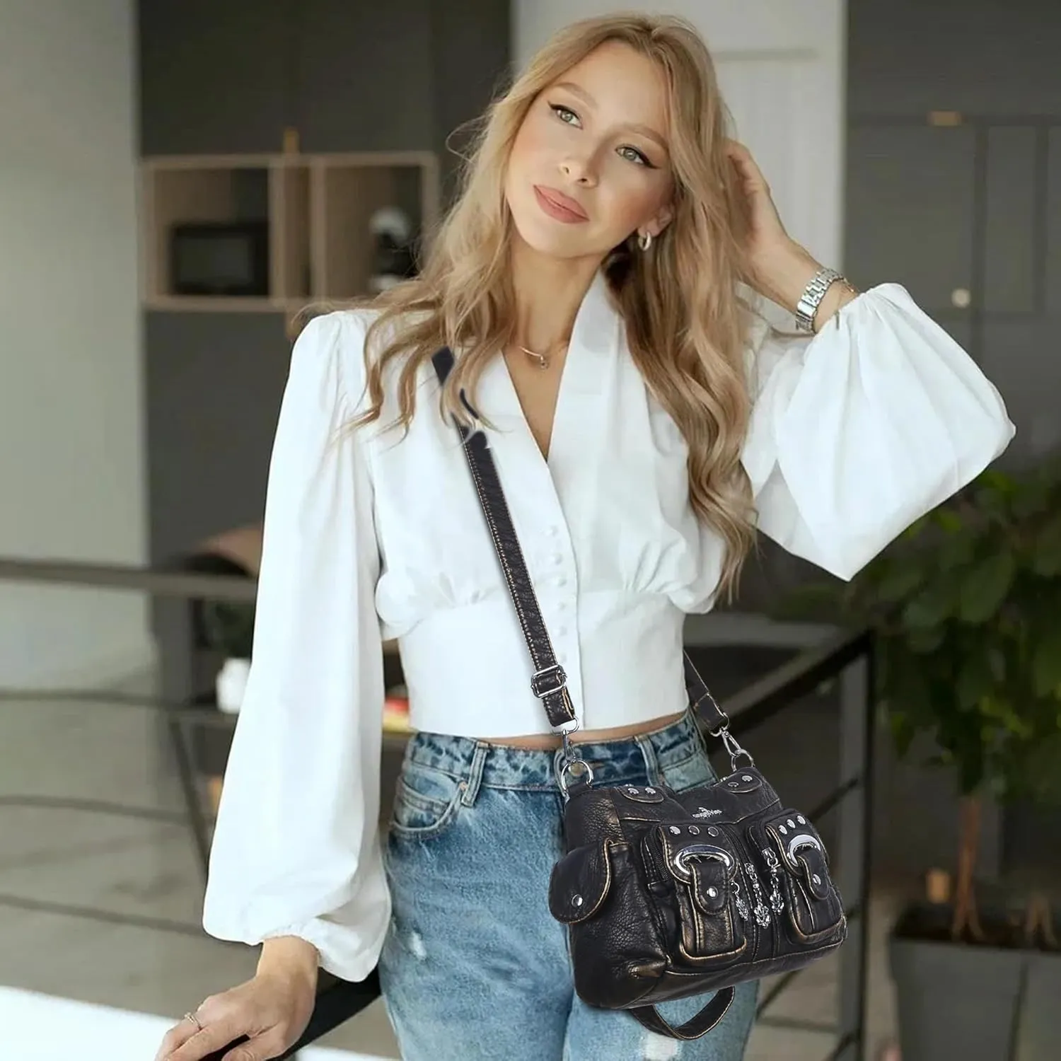 Angel Kiss Purses for Women Small Hobo Crossbody Bags Multi-Pocket Vegan Leather Hobo Handbags Tote Bag with Crossbody Strap