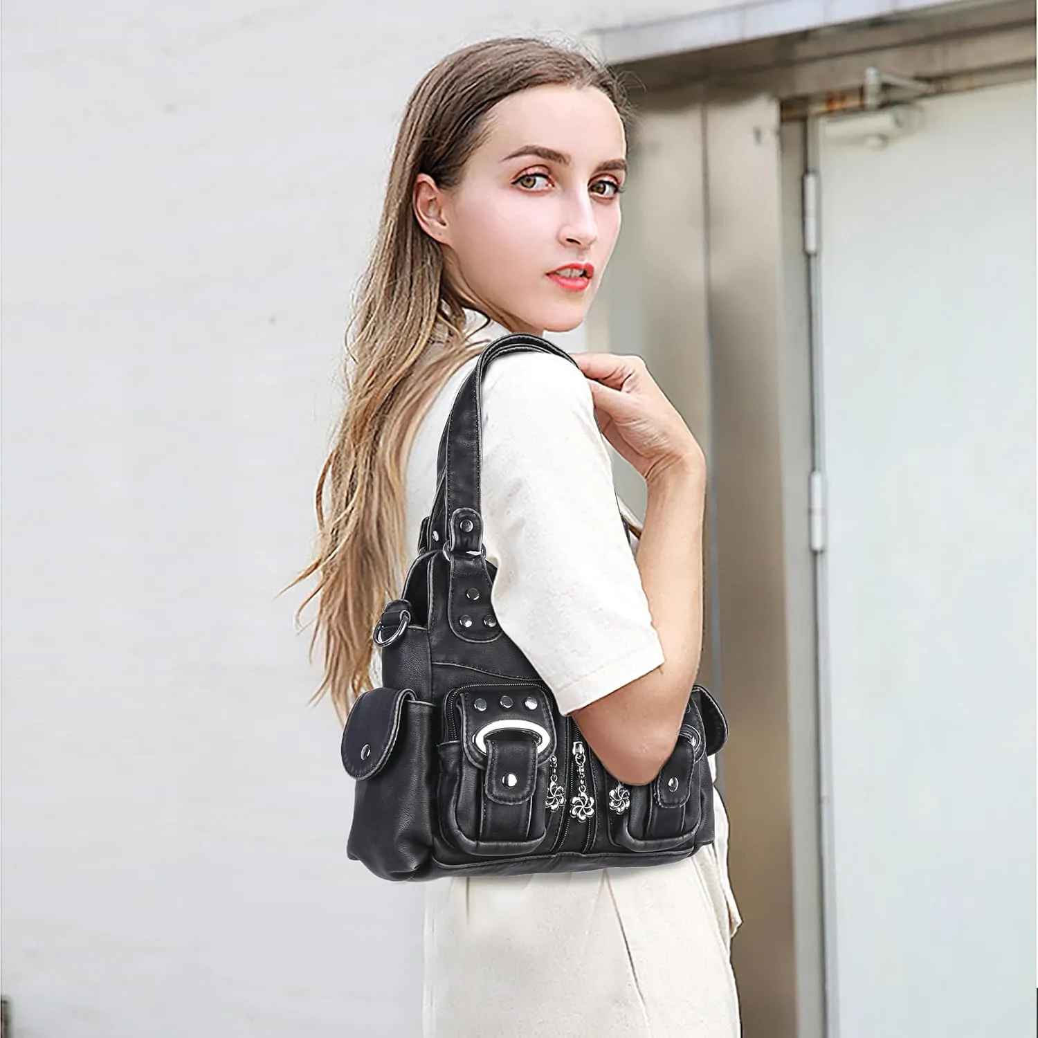 Angel Kiss Purses for Women Small Hobo Crossbody Bags Multi-Pocket Vegan Leather Hobo Handbags Tote Bag with Crossbody Strap