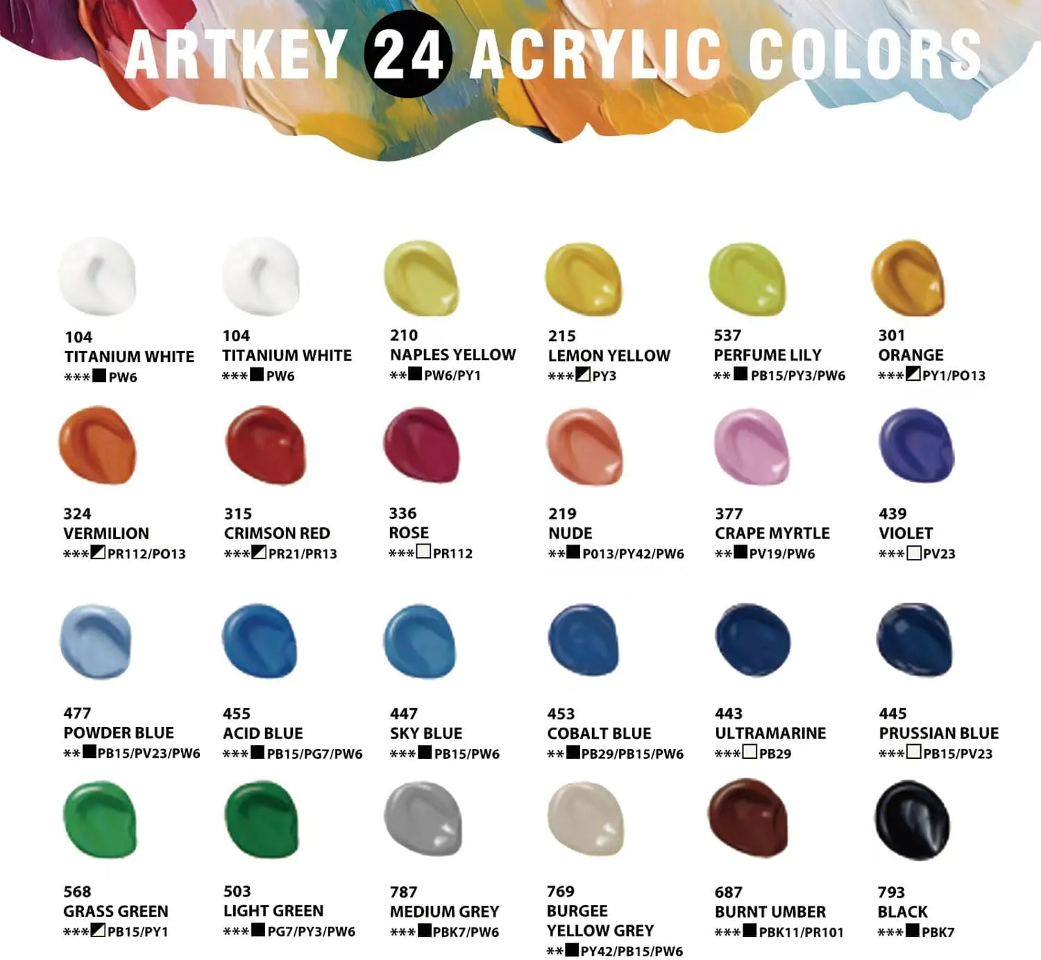 Artkey Acrylic Paint Set - 24 colors 2 oz/59 ml Acrylic Paints Professional Artists Painting Kit for Canvases Fabric Rock Leather Easter Egg Wood Ceramic Glass Art Craft Painting