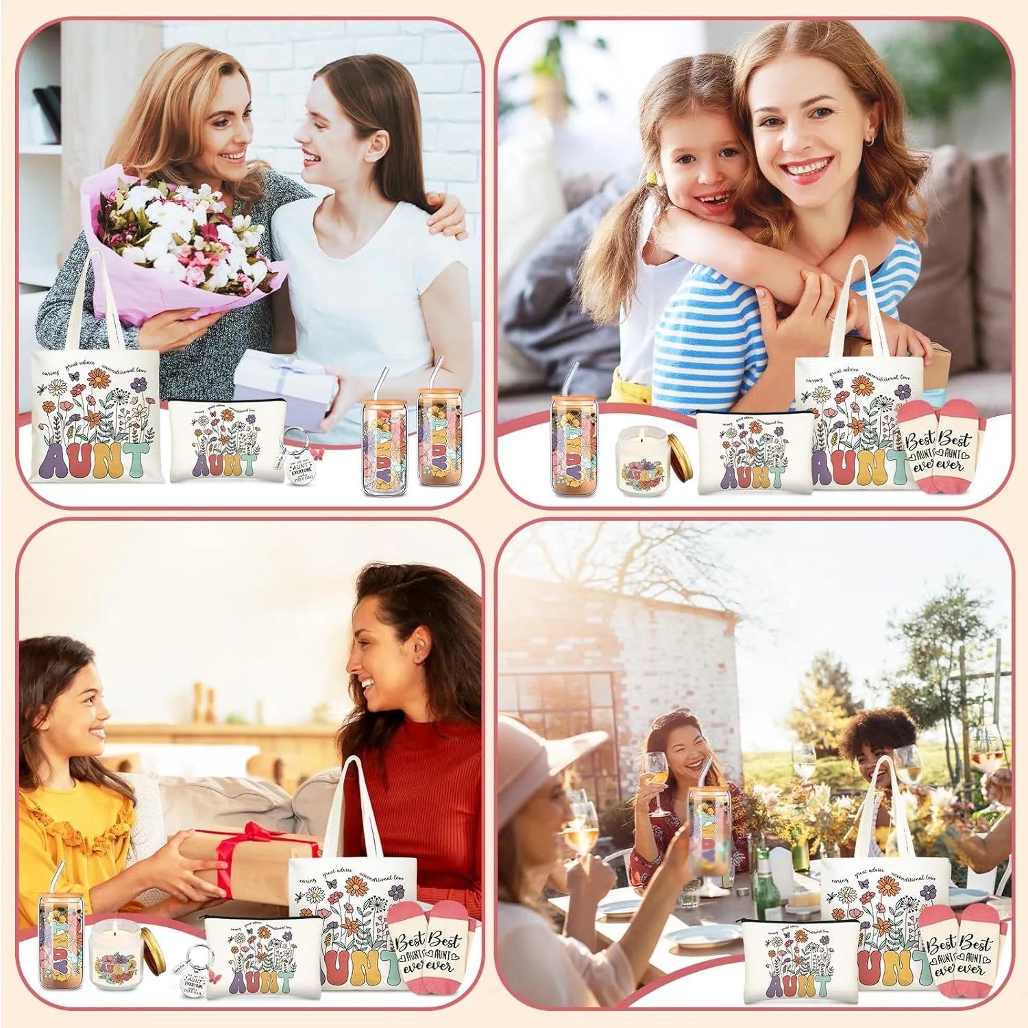 Auntie Gifts Ideas for Mothers Day, Good Aunt Gifts from Niece and Nephew, 17 oz Glass Cup Canvas Tote Bag for Women Birthday