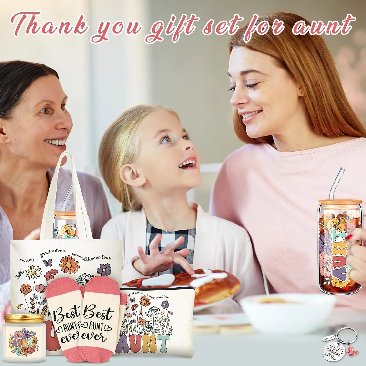 Auntie Gifts Ideas for Mothers Day, Good Aunt Gifts from Niece and Nephew, 17 oz Glass Cup Canvas Tote Bag for Women Birthday