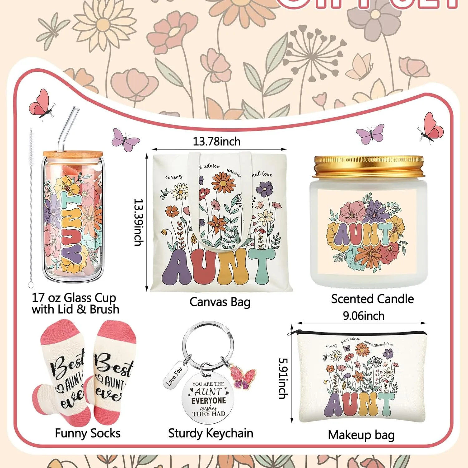 Auntie Gifts Ideas for Mothers Day, Good Aunt Gifts from Niece and Nephew, 17 oz Glass Cup Canvas Tote Bag for Women Birthday