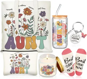 Auntie Gifts Ideas for Mothers Day, Good Aunt Gifts from Niece and Nephew, 17 oz Glass Cup Canvas Tote Bag for Women Birthday