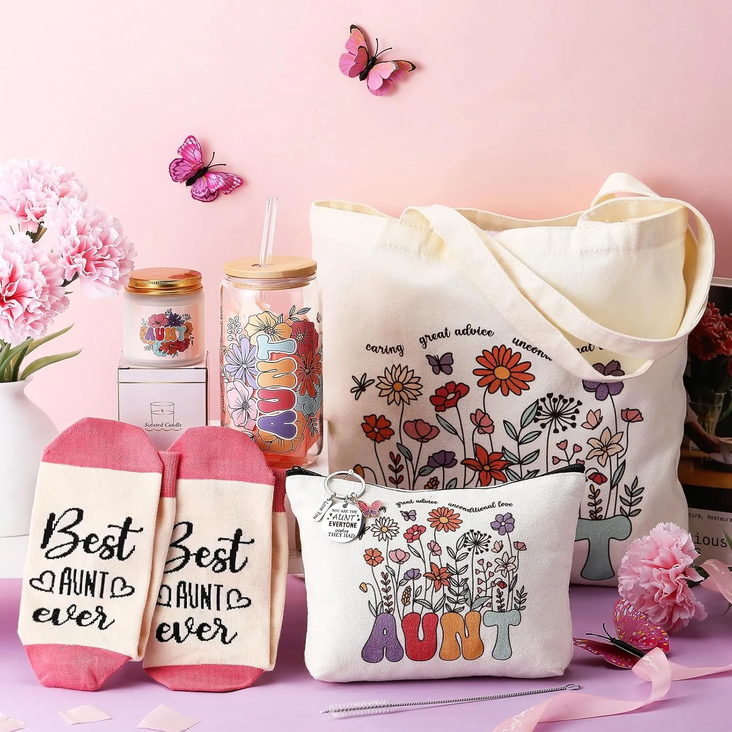 Auntie Gifts Ideas for Mothers Day, Good Aunt Gifts from Niece and Nephew, 17 oz Glass Cup Canvas Tote Bag for Women Birthday