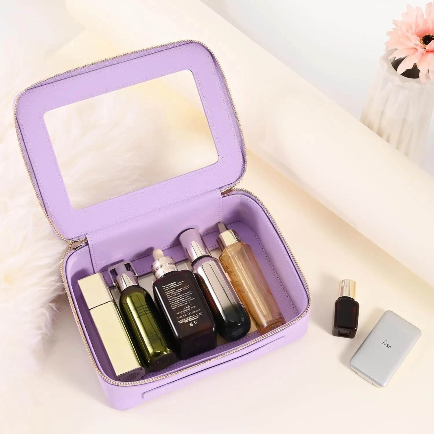 Aveniee Clear Makeup Bag for Women, Cosmetic Bags Skincare Toiletry Bag, Heavy Duty Makeup Organizer, Makeup Train Case with Clear Windows & Gold Zippers(Lilac)