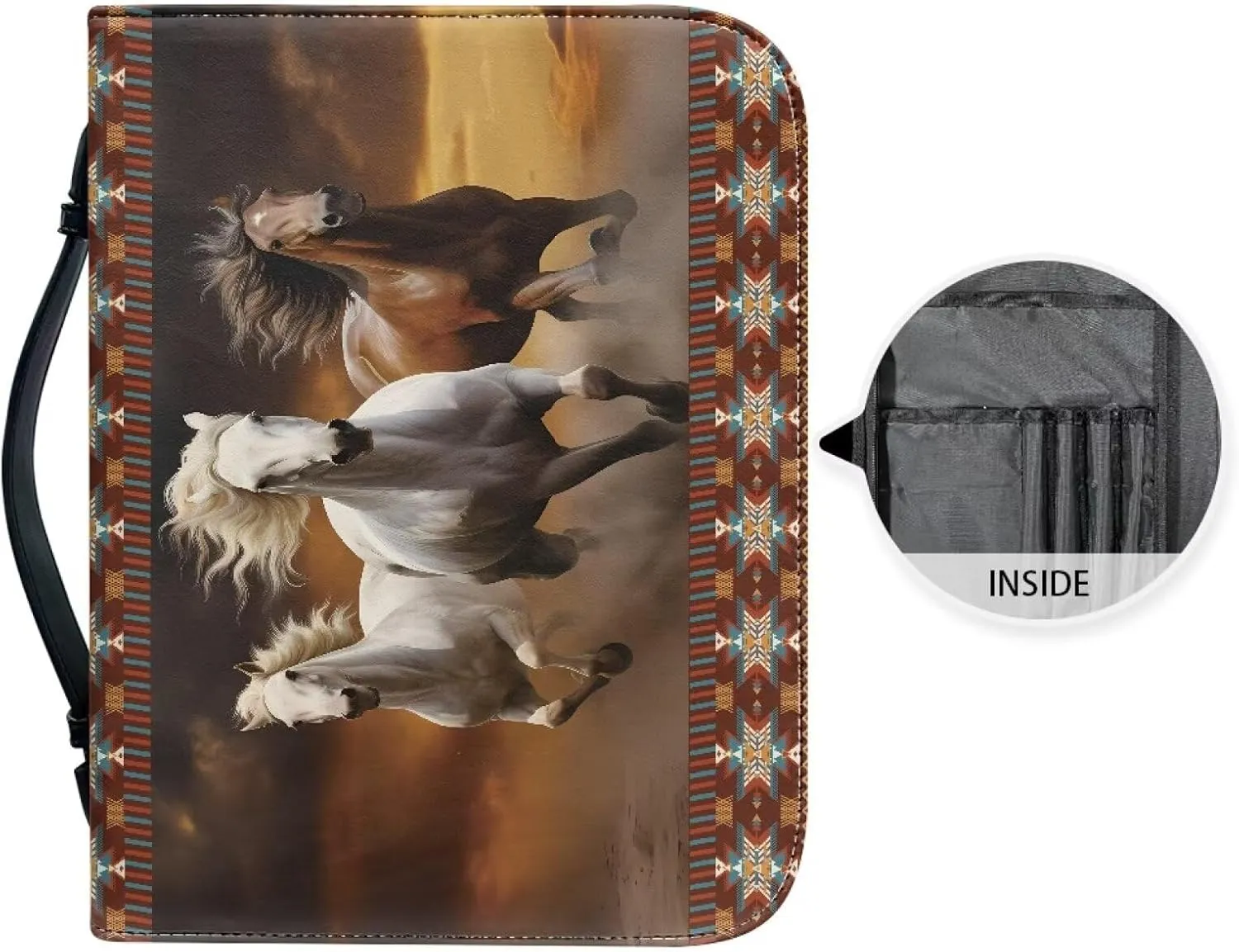 Aztec Horse Printed Bible Cover for Women Men Large Capacity Bible Accessories Bible Case Book Cover Carrier Organizer Leather Bible Bag with Handle, XXL
