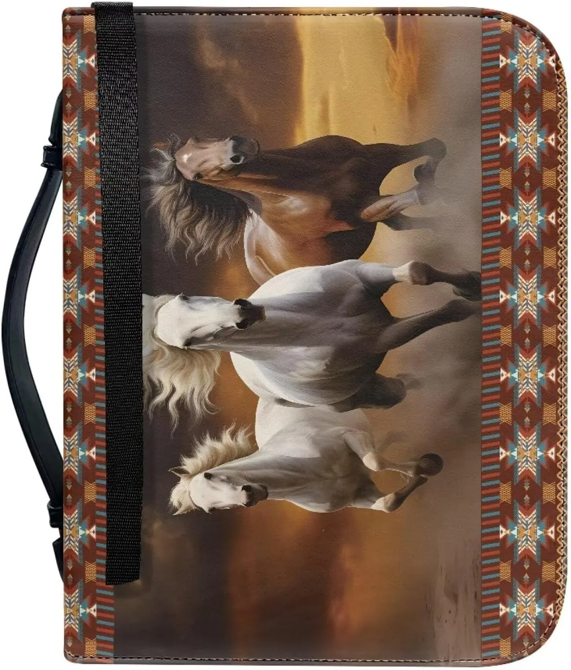 Aztec Horse Printed Bible Cover for Women Men Large Capacity Bible Accessories Bible Case Book Cover Carrier Organizer Leather Bible Bag with Handle, XXL
