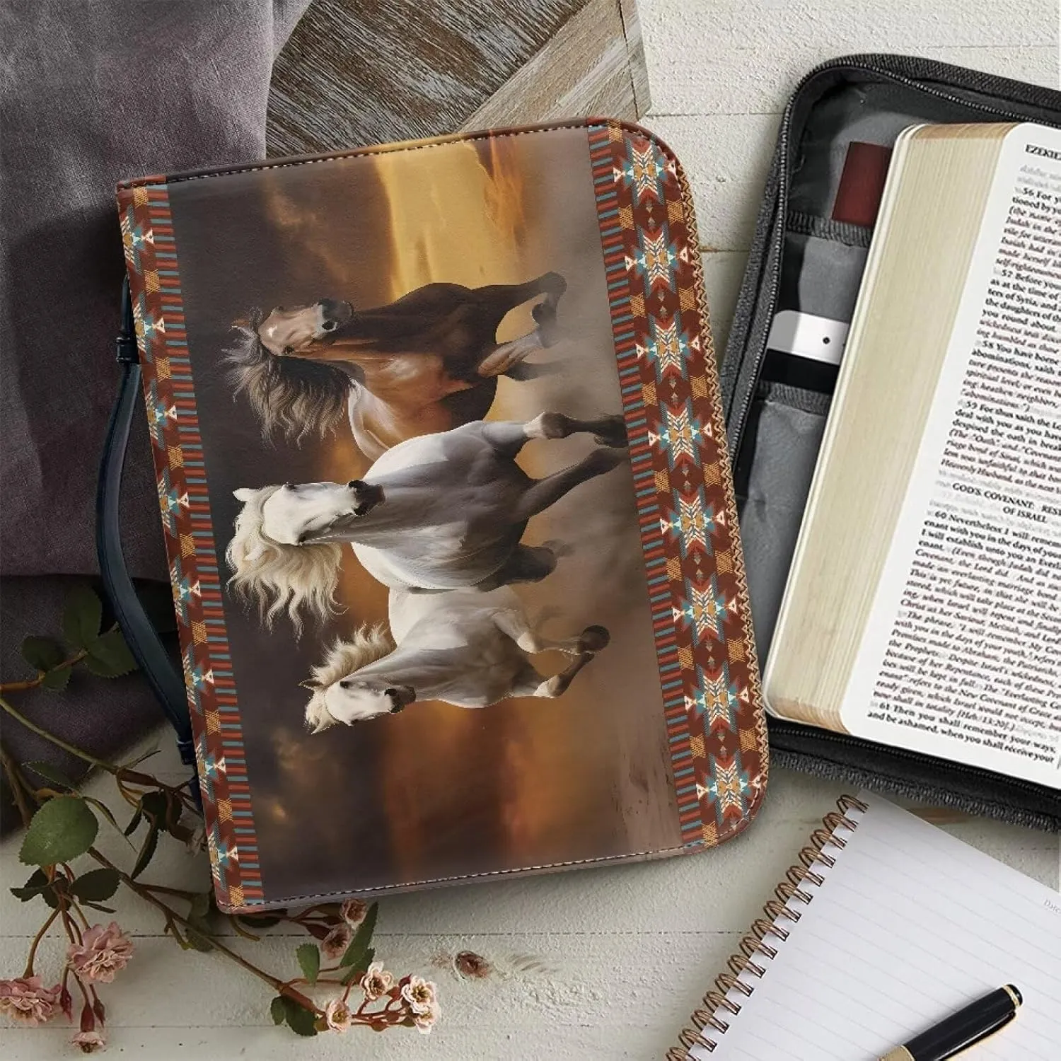Aztec Horse Printed Bible Cover for Women Men Large Capacity Bible Accessories Bible Case Book Cover Carrier Organizer Leather Bible Bag with Handle, XXL