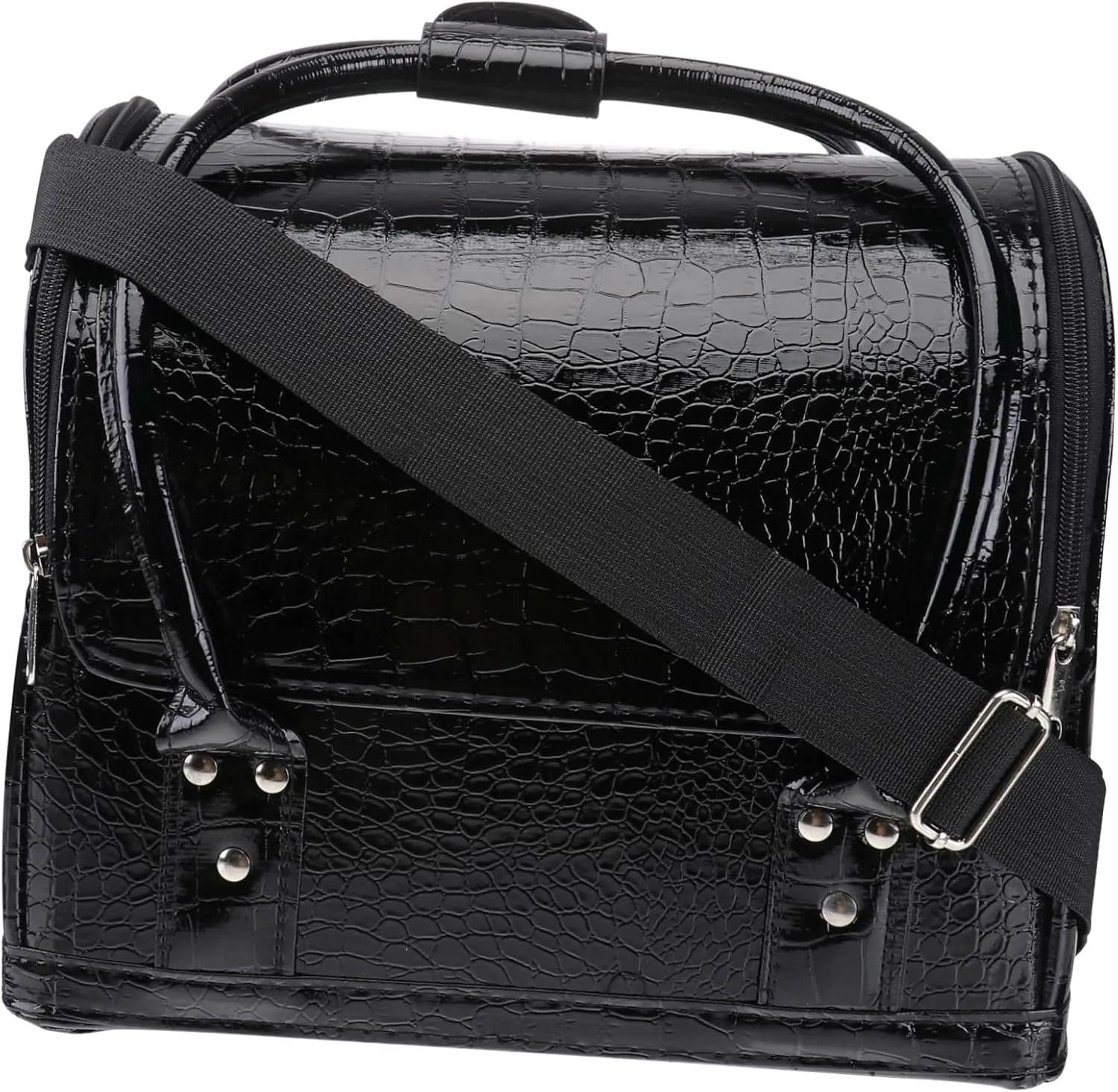 balacoo Professional Pu Leather Makeup Case Rolling Cosmetic Organizer Shoulder Strap Capacity for Travel Home Use Chic Design Black