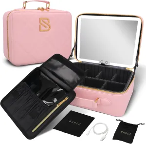 BAREZ Premium PU Leather Makeup Bag With LED Mirror - 3 Brightness Mirror Light Settings - Adjustable Dividers - Removable Mirror Waterproof Cosmetic Travel Bag (Pink)