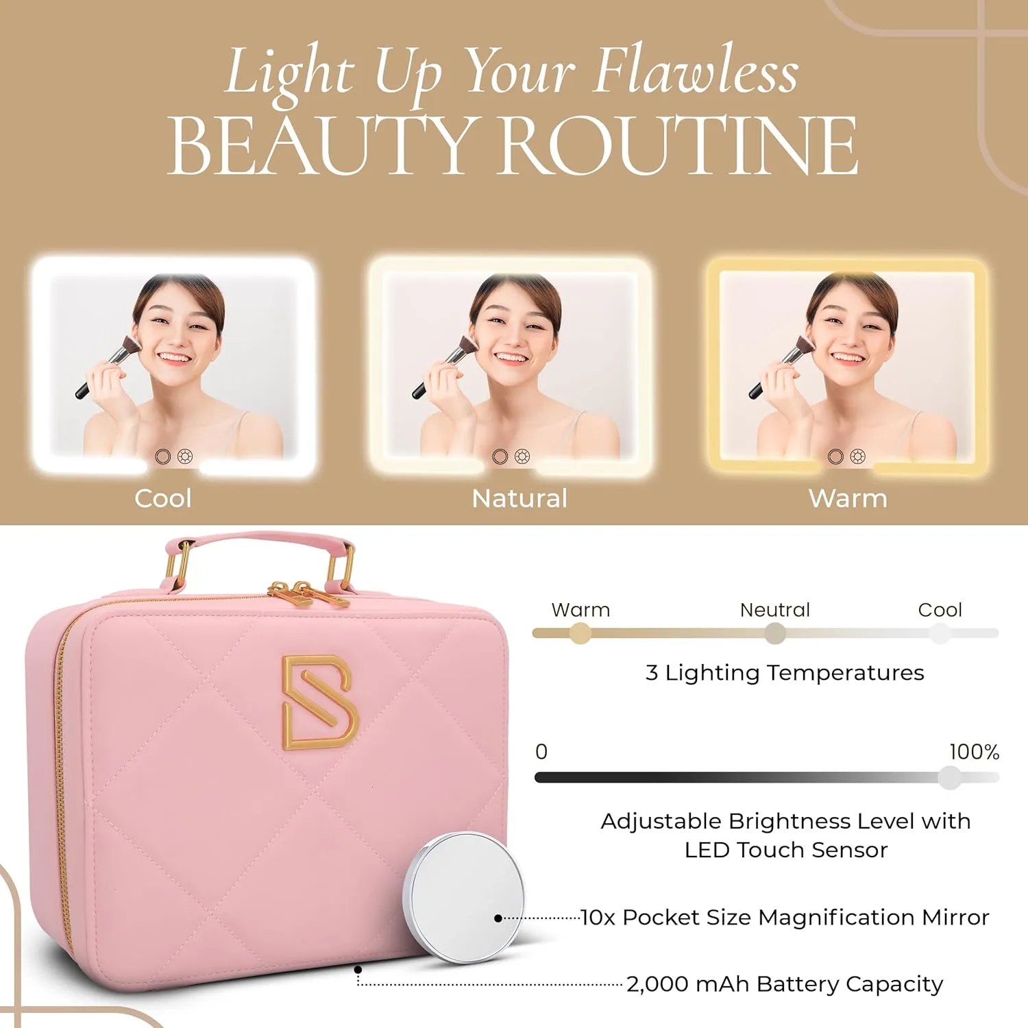 BAREZ Premium PU Leather Makeup Bag With LED Mirror - 3 Brightness Mirror Light Settings - Adjustable Dividers - Removable Mirror Waterproof Cosmetic Travel Bag (Pink)
