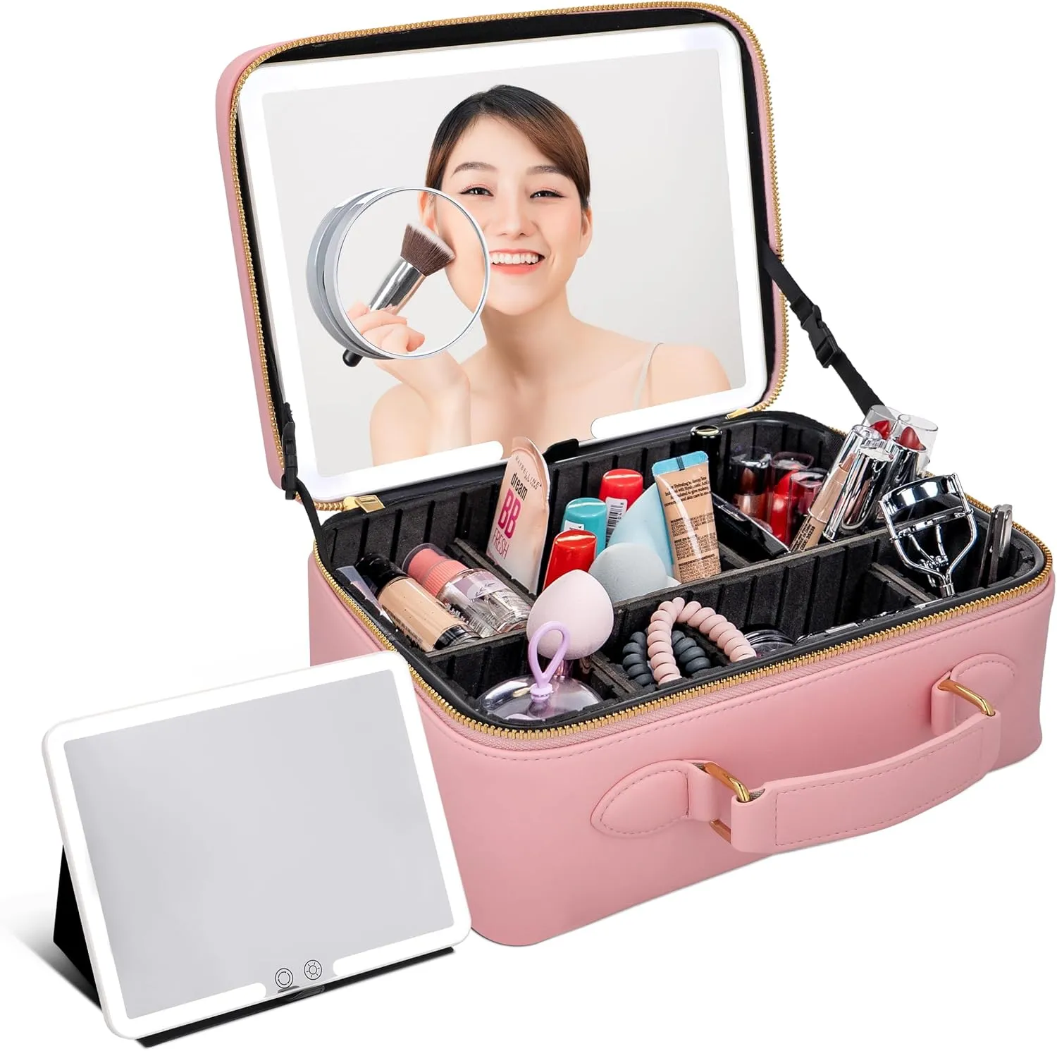 BAREZ Premium PU Leather Makeup Bag With LED Mirror - 3 Brightness Mirror Light Settings - Adjustable Dividers - Removable Mirror Waterproof Cosmetic Travel Bag (Pink)