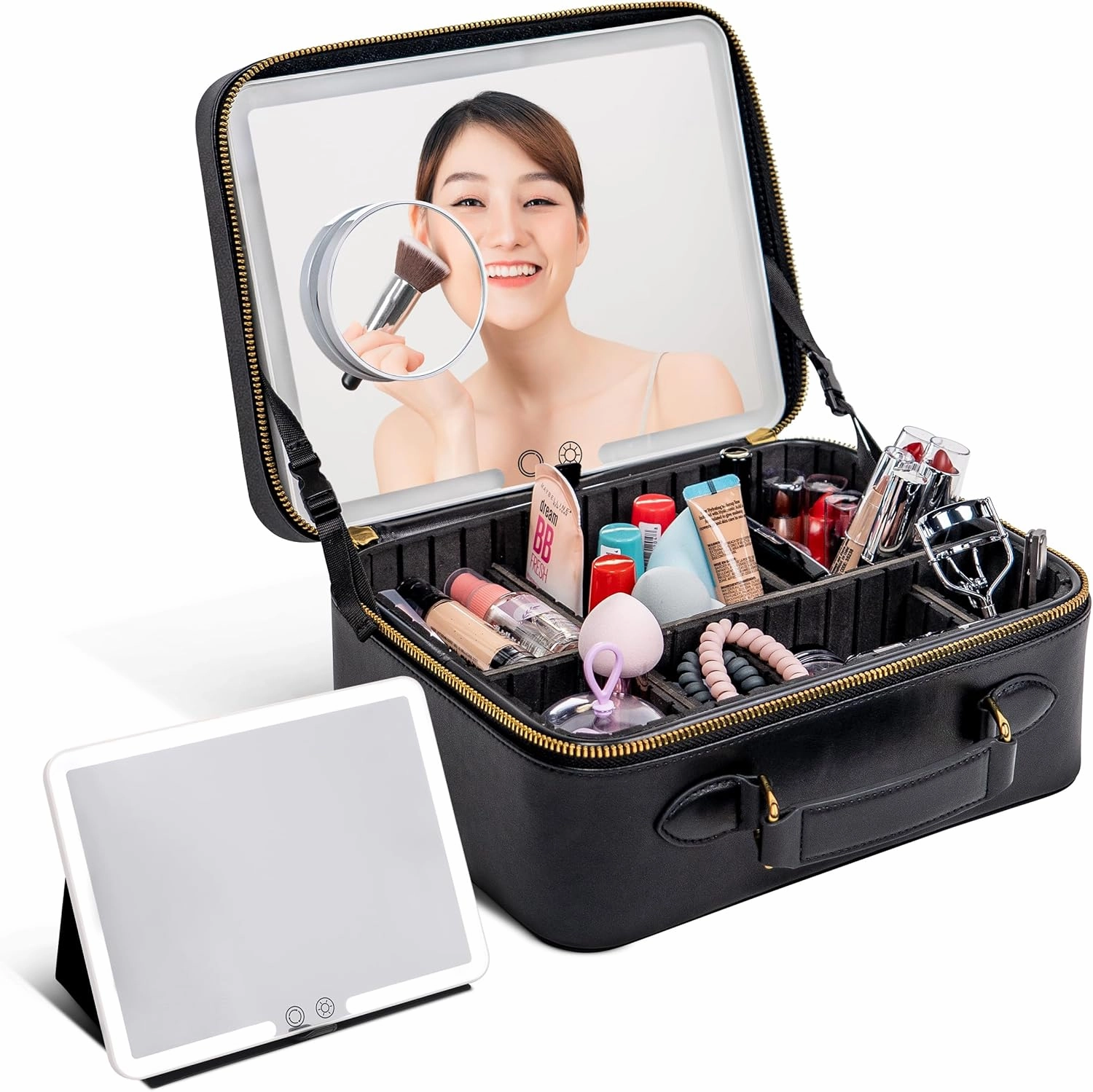BAREZ Premium PU Leather Makeup Bag With LED Mirror - 3 Brightness Mirror Light Settings - Adjustable Dividers - Removable Mirror Waterproof Cosmetic Travel Bag (Black)
