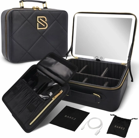 BAREZ Premium PU Leather Makeup Bag With LED Mirror - 3 Brightness Mirror Light Settings - Adjustable Dividers - Removable Mirror Waterproof Cosmetic Travel Bag (Black)