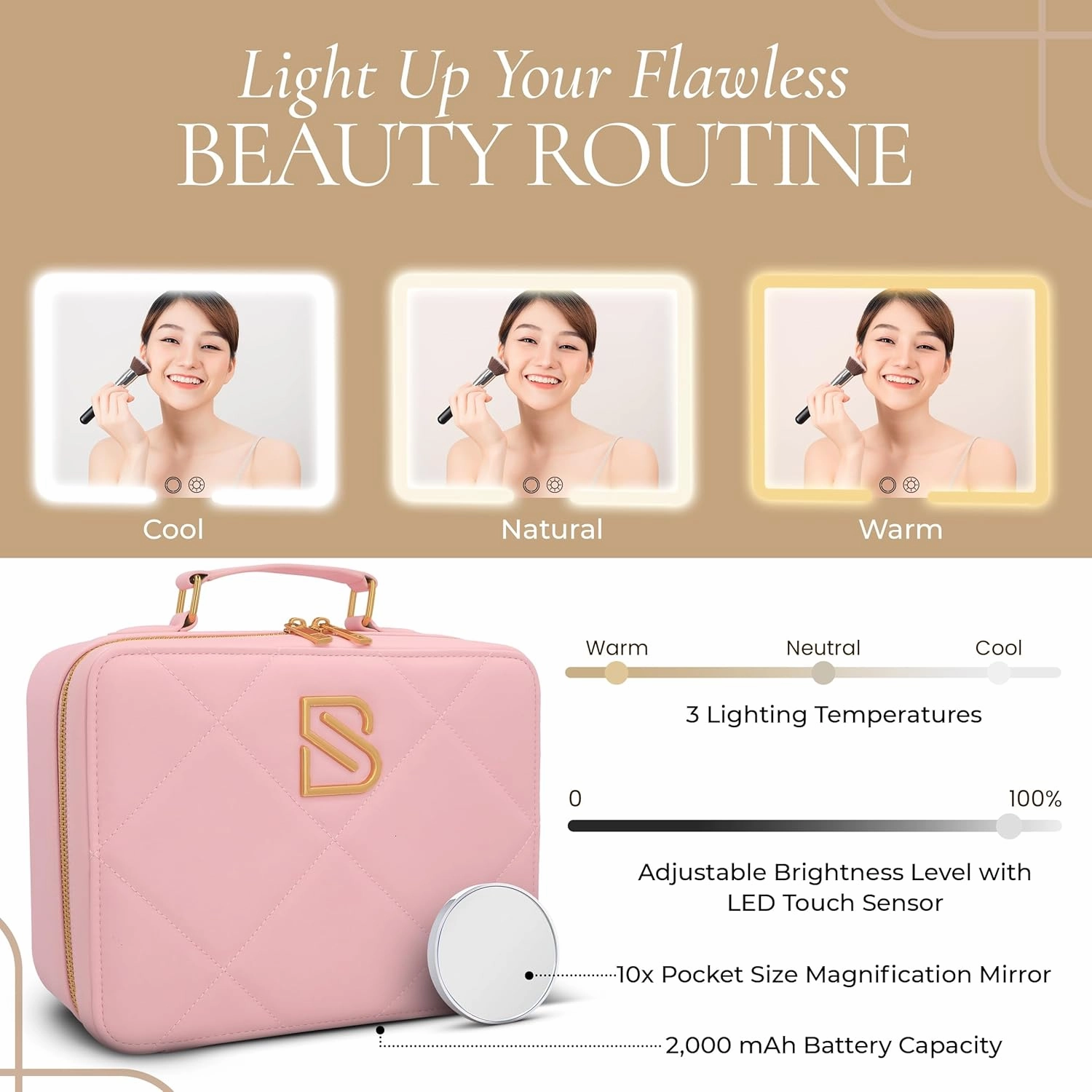 BAREZ Premium PU Leather Makeup Bag With LED Mirror - 3 Brightness Mirror Light Settings - Adjustable Dividers - Removable Mirror Waterproof Cosmetic Travel Bag (Pink)